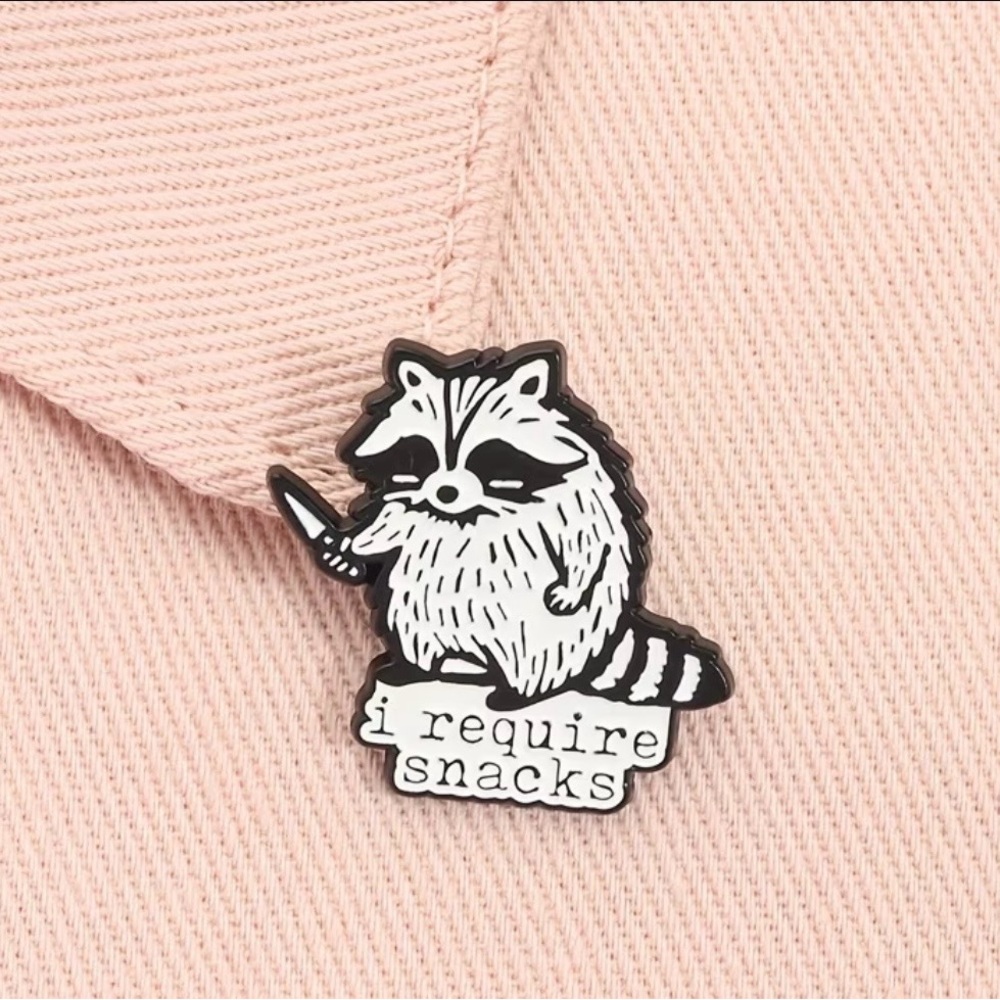 Raccoon 'I Require Snacks' Enamel Pin - Pink